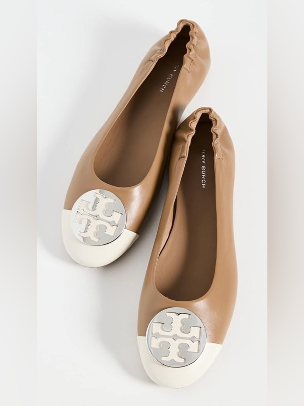 Tory Burch CLAIRE Captoe Leather Flats Light Cream/Almond Flour/Silver Size 8.5